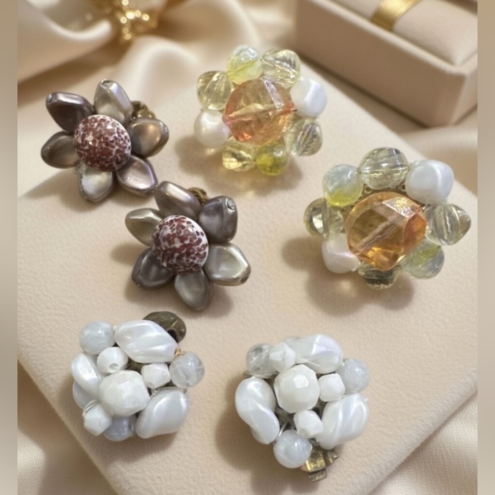Vintage Lot of 3 Stamped Japan & W Germany Bead Cluster Clip on Earrings